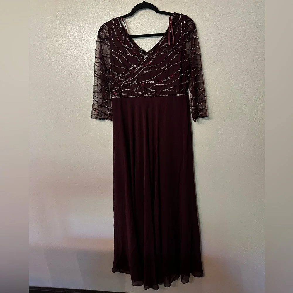 J Kara Womens Petite Beaded Gown Wine Multi 3/4 Sleeve Formal Dress 8P 5045WMP - Picture 2 of 5